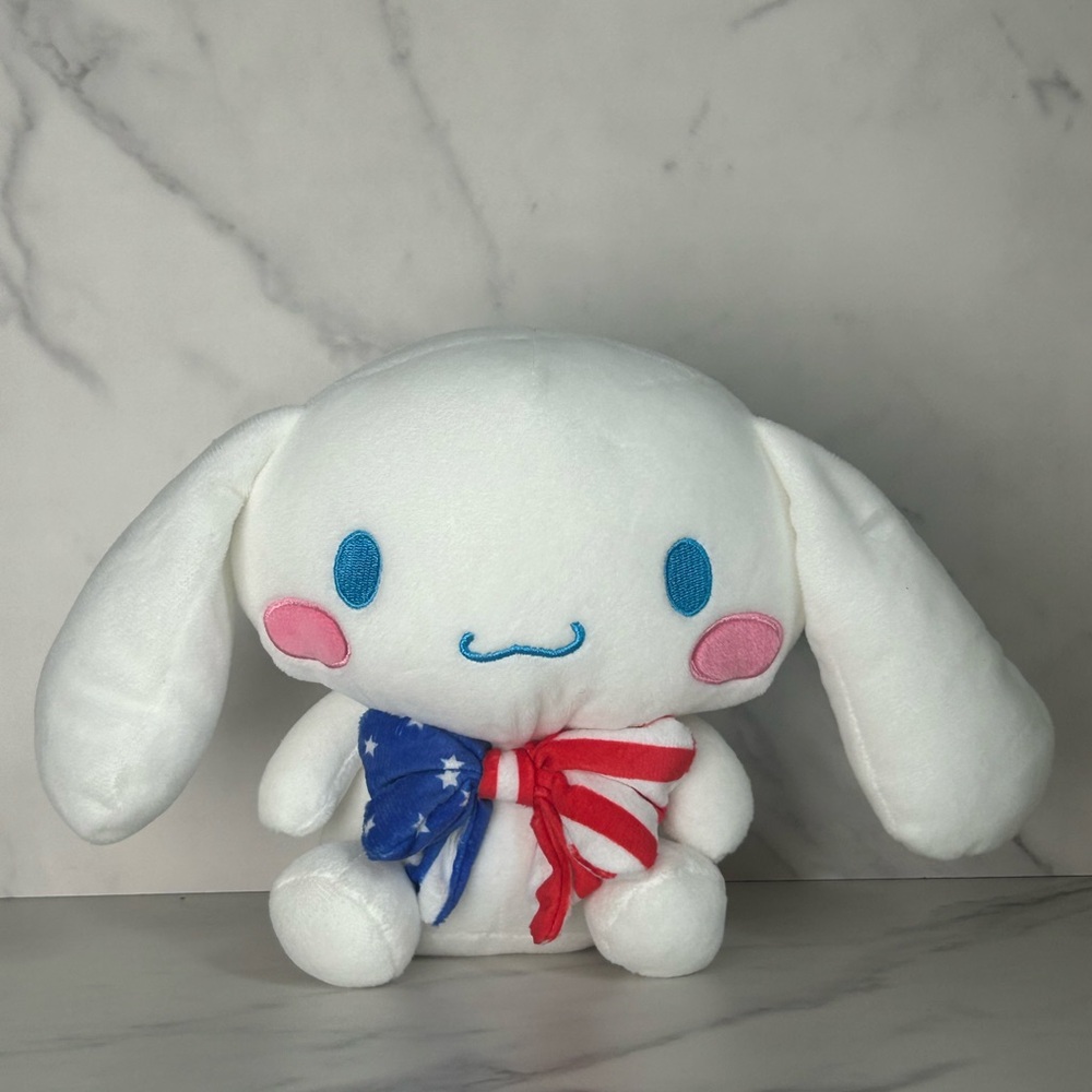 Cute White Plush Toy with American Flag Scarf Cinnamoroll